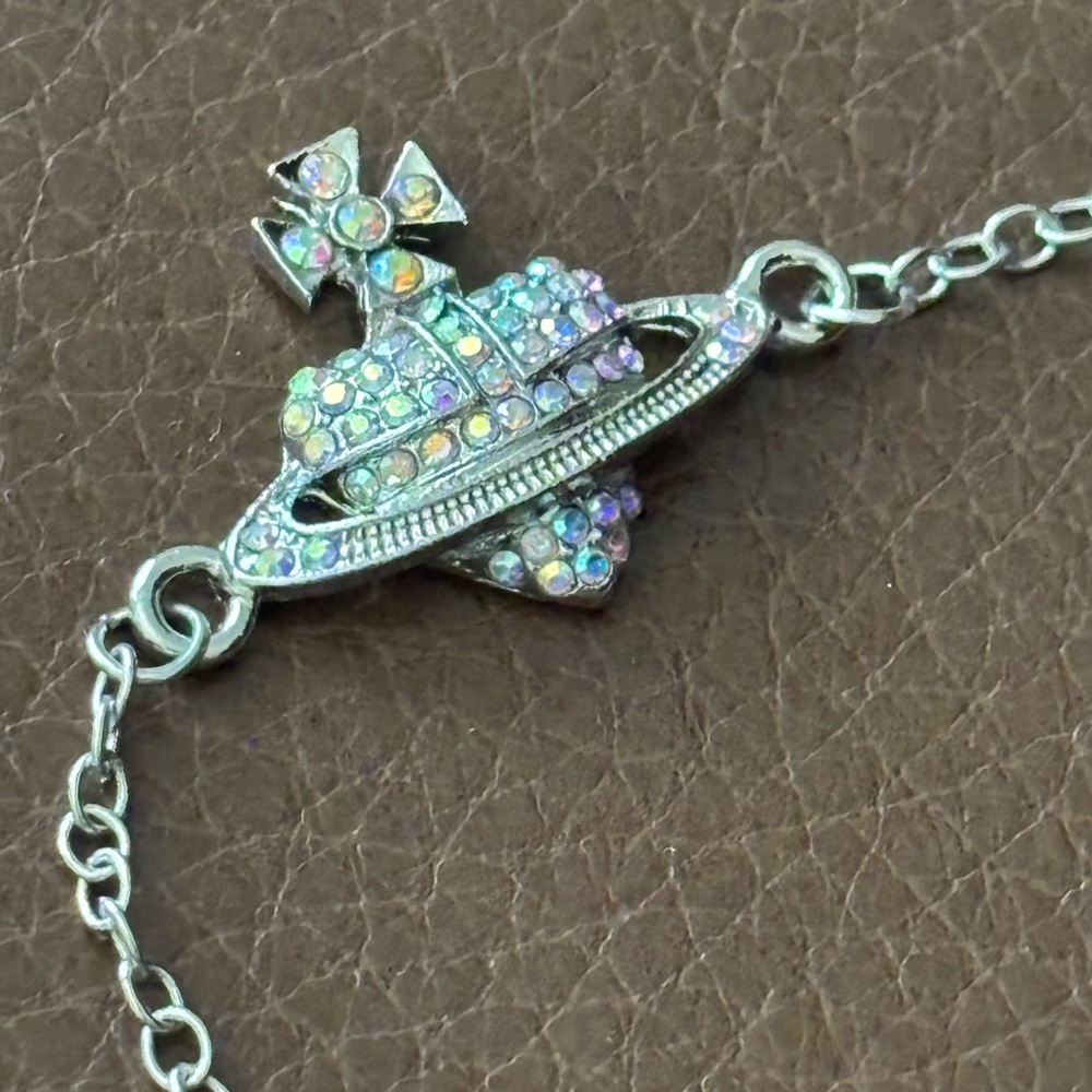 Silver Crystal Heart Bracelet ufo planet Saturn adjustable any size silver